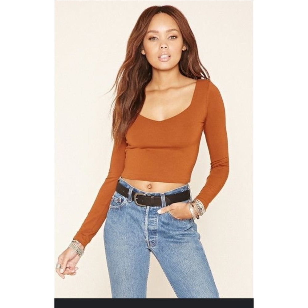 Forever 21 Classic Blouse Women's Sm Large V-Neck Cropped Long Sleeve Rust Brown
